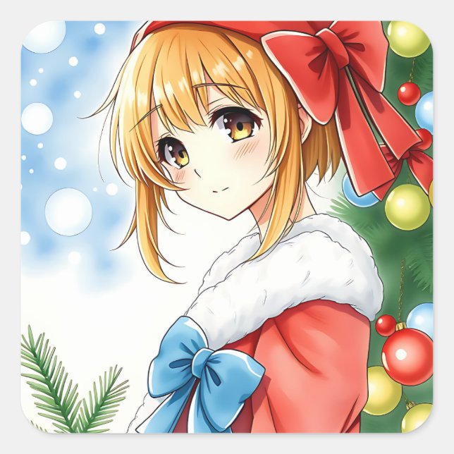 Sticker Carré Fille d'Anime personnalisée Noël (Devant)