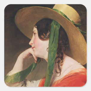 Sticker Carré Fille dans un Casquette de paille jaune,