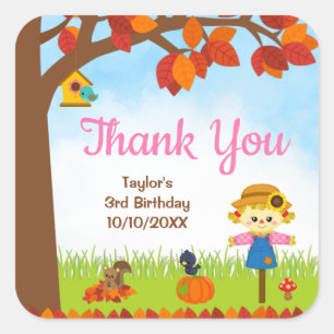 Sticker Carré Fille d'automne Épouvantail Anniversaire Merci