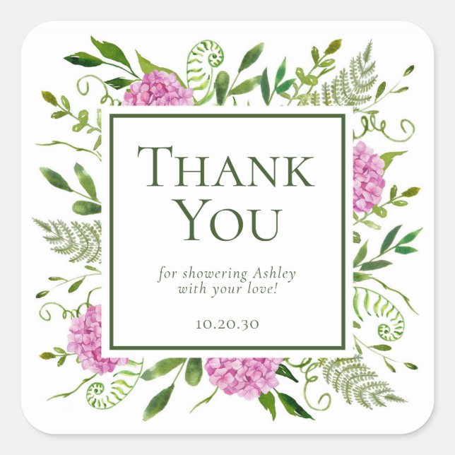 Sticker Carré Fille de Baby-Shower Merci Hydrangeas Roses (Devant)