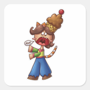 Sticker Carré Fille de chat chibi anime hurlant avec cupcake