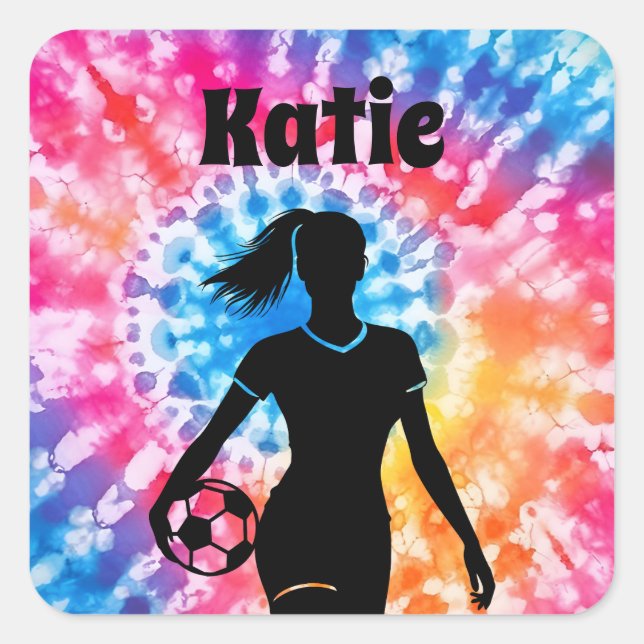 Sticker Carré Fille de football Personnalisé Cravate-Dye Rainbow (Devant)