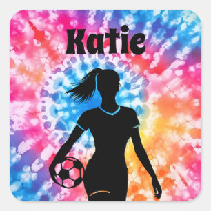Sticker Carré Fille de football Personnalisé Cravate-Dye Rainbow