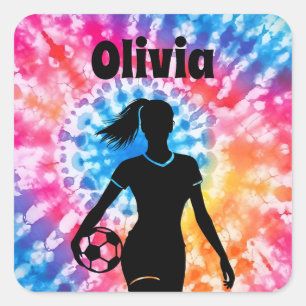 Sticker Carré Fille de football Personnalisé Cravate-Dye Rainbow