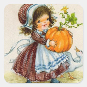 Sticker Carré Fille de la fête de Thanksgiving vintage