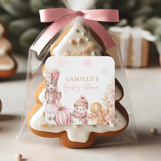 Sticker Carré Fille de Noël Rose Baby Shower (Pink Winter Baby shower sticker)