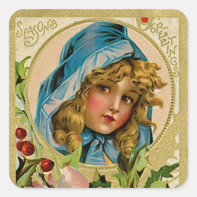 Sticker Carré Fille de Noël Vintage (Devant)