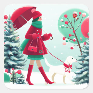 Sticker Carré Fille de scène de Noël promenant son chien
