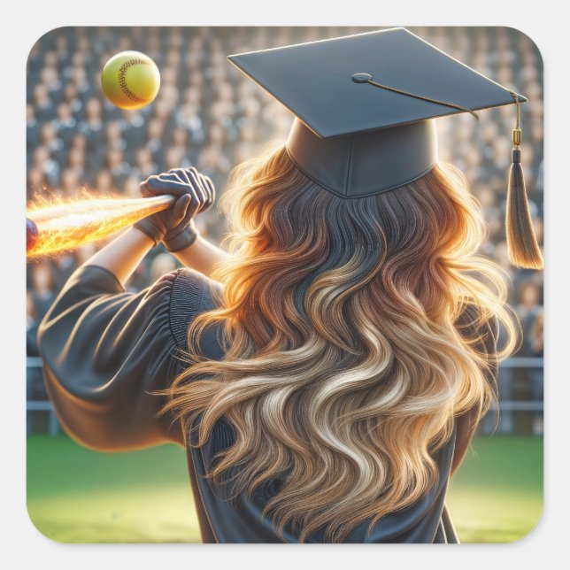 Sticker Carré Fille Diplômée Avec Chat Flamant et Softball (Devant)