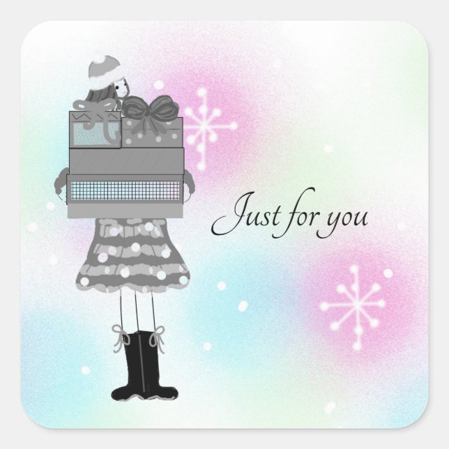 Sticker Carré Fille Élégante Avec Colis de Noël (Devant)