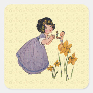 Sticker Carré Fille Elf Fairy Daffodil Antique Pâques