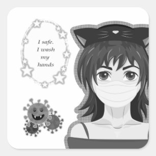 Sticker Carré Fille en quarantaine. Style manga
