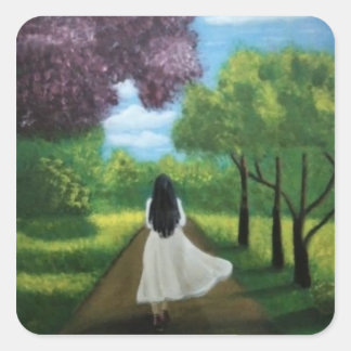Sticker Carré Fille en robe blanche