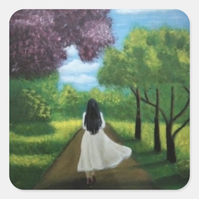 Sticker Carré Fille en robe blanche (Devant)