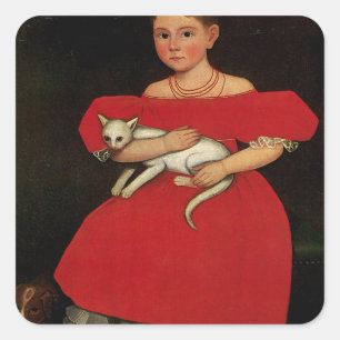 Sticker Carré Fille en rouge avec son chat et son chien