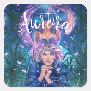 Sticker Carré Fille et le magicfox stary nuit dans la forêt