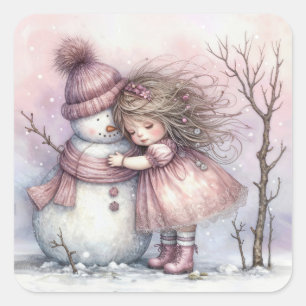 Sticker Carré Fille étreignant un bonhomme de neige