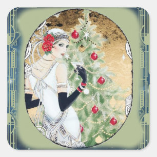 Sticker Carré Fille Flapper de Noël avec boisson et arbre