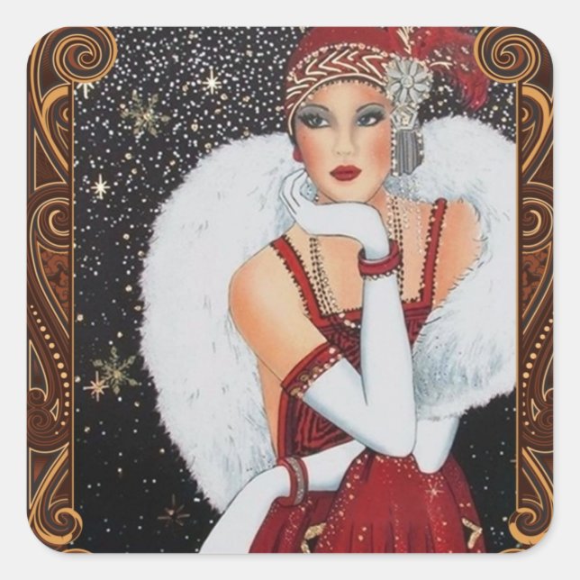 Sticker Carré Fille Flapper de Noël Ciel nocturne étoilé (Devant)