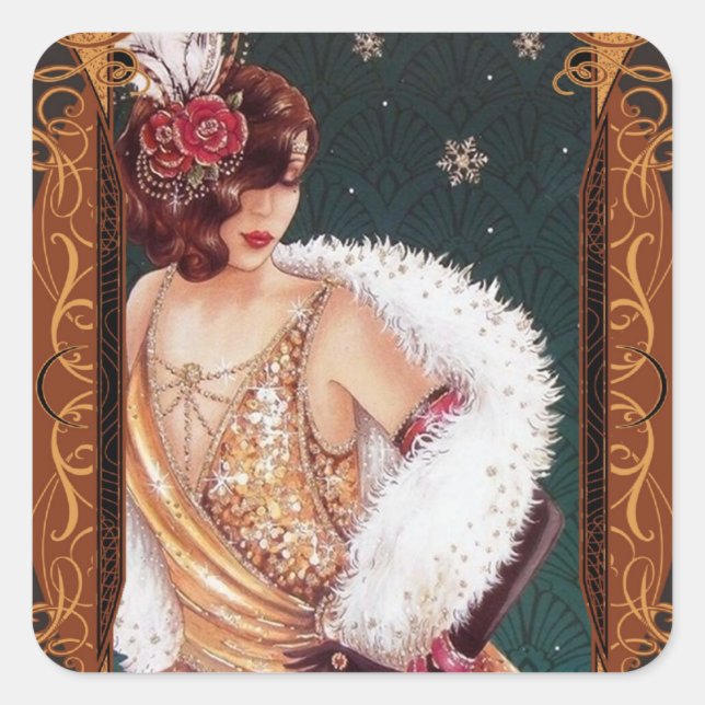Sticker Carré Fille Flapper de Noël dans une robe dorée pailleté (Devant)