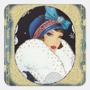 Sticker Carré Fille Flapper Noël Grand Manteau de Fourrure Blanc