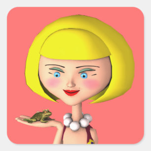 Sticker Carré Fille Heureuse Avec Prince Grenouille