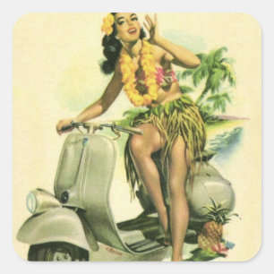 STICKER CARRÉ FILLE HULA HAWAI FICHE AVEC SCOOTER VOYAGE VINTAGE