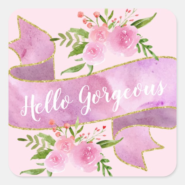 Sticker Carré Fille Joli Floral Rose Rose Bonjour Gorgeous Or (Devant)