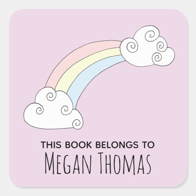 Sticker Carré Fille mignonne Ce livre appartient à Rainbow Name (Devant)