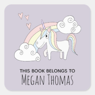 Sticker Carré Fille mignonne Ce livre appartient Rainbow Unicorn