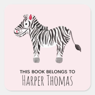 Sticker Carré Fille mignonne Ce livre appartient Safari Zebra No