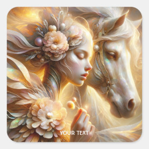 Sticker Carré Fille mignonne de fantaisie et cheval