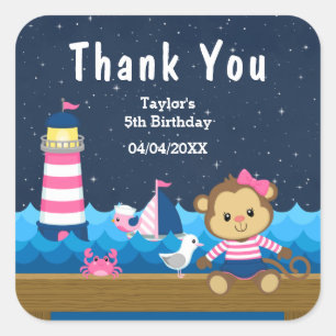 Sticker Carré Fille nautique singe rose fête d'anniversaire merc