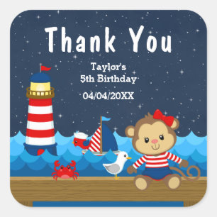 Sticker Carré Fille nautique singe rouge Anniversaire Merci