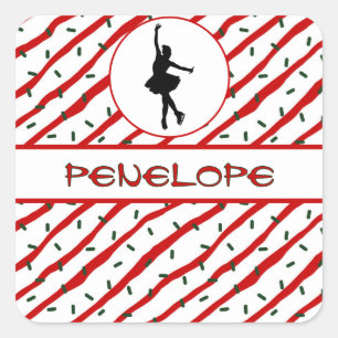 Sticker Carré Fille patinant Noël personnalisé avec paillettes