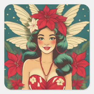 Sticker Carré Fille pin-up de Noël tropical rétro des années 50