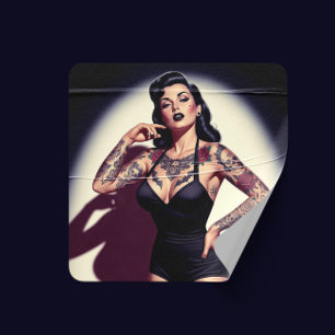 Sticker Carré Fille pin-up tatouée rétro