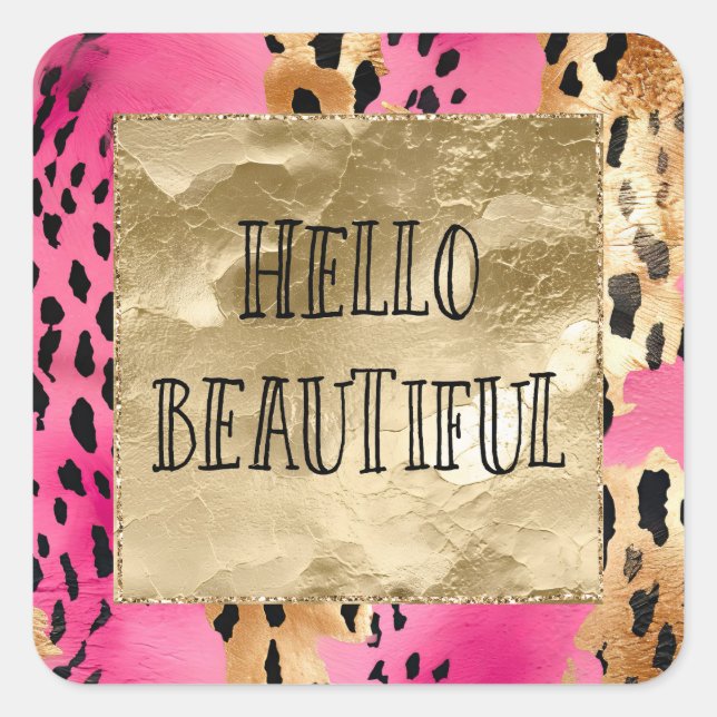 Sticker Carré Fille Pink Glam Gold Leopard Bonjour belle (Devant)