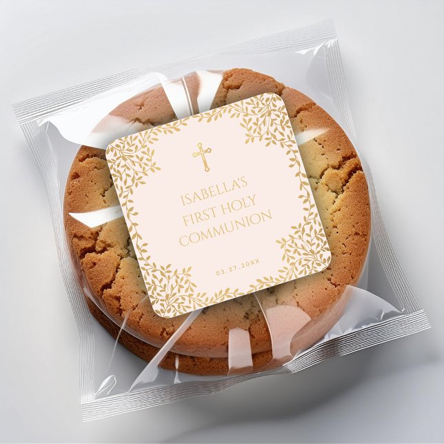 Sticker Carré Fille première communion rose Faux or Feuilles Vin (Créateur téléchargé)