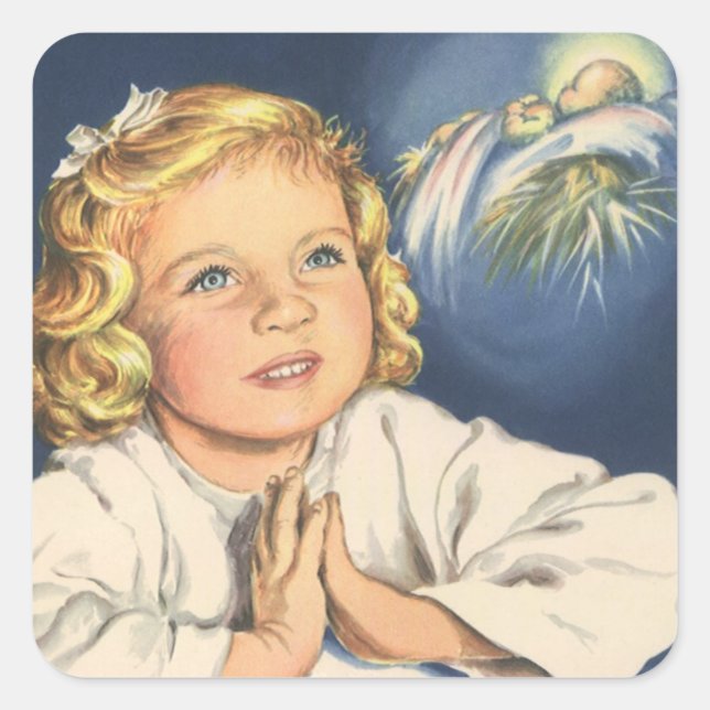 Sticker Carré Fille priant Jésus-Christ, Prières de coucher (Devant)