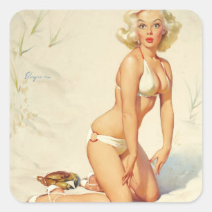 Sticker Carré Fille Rétro Pin-up Sur la Plage