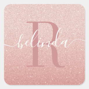 Sticker Carré Fille Rose Gold Blush Pink Monogramme Nom
