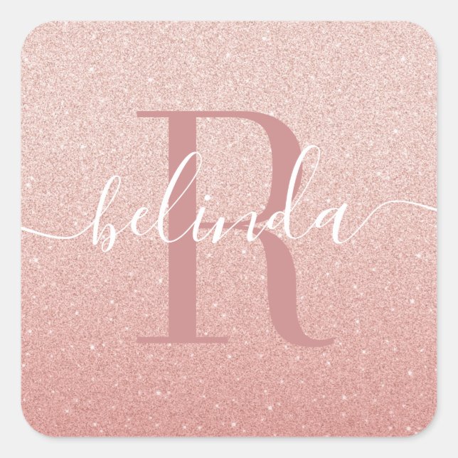 Sticker Carré Fille Rose Gold Blush Pink Monogramme Nom (Devant)