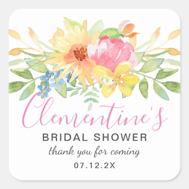 Sticker Carré Fille rose jaune Merci de Fête des mariées florale (Devant)