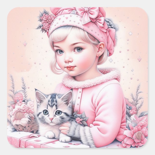 Sticker Carré Fille rose vintage et chaton Noël (Devant)