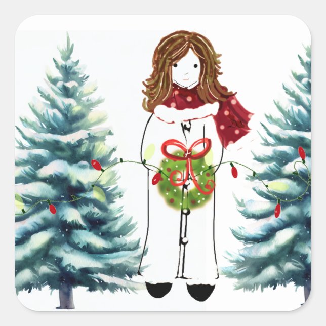 Sticker Carré Fille se préparant pour Noël (Devant)