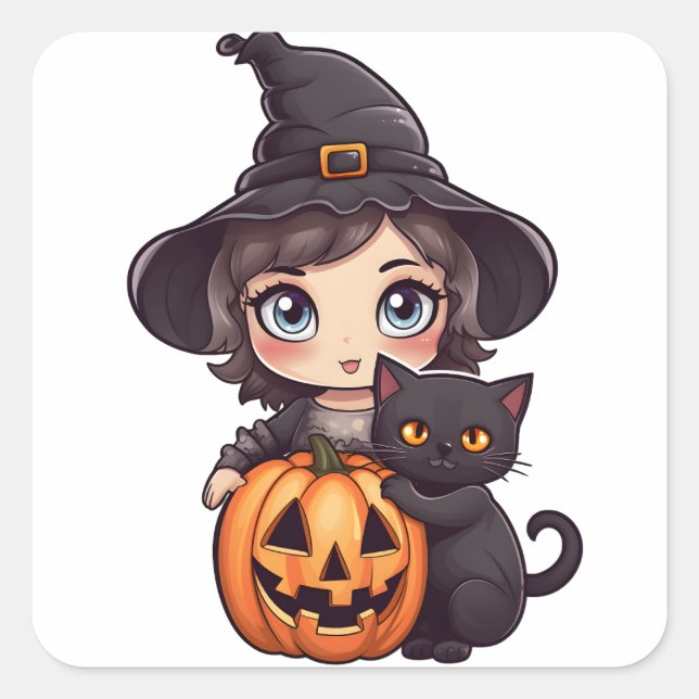 Sticker Carré Fille sorcière Kawaii (Devant)