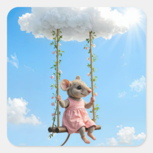 Sticker Carré Fille Souris Sur une Balançoire d'Été
