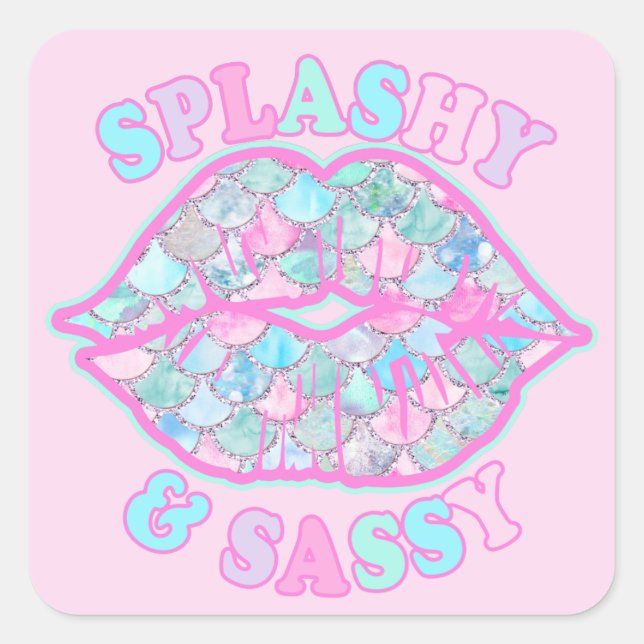 Sticker Carré Fille Splashy & Sassy Rose Turquoise Mermaid Kiss (Devant)