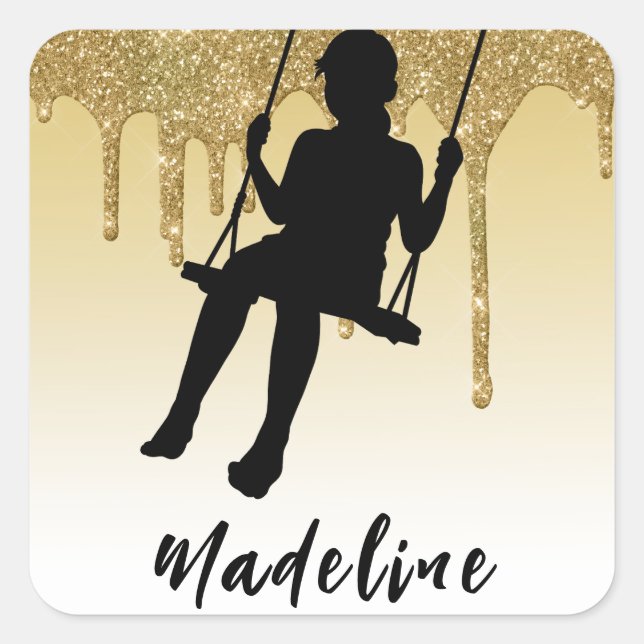 Sticker Carré Fille sur Swing Gold Parties scintillant Drip Ombr (Devant)